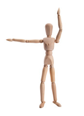 Wooden figure dummy showing hand , isolated on white