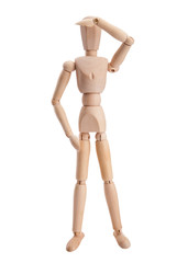 Wooden figure dummy thinking, isolated on white
