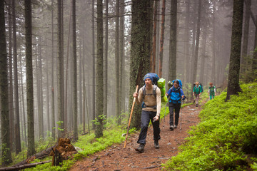 Obraz premium Young people are hiking in deep forest on cloudy day