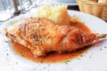 fried chicken with rice and mash potatoes