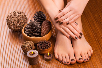 brown manicure and pedicure on the white