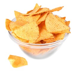 tasty potato chips in transparent bowl isolated on white