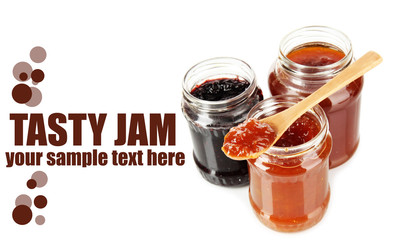 Tasty jam in banks isolated on white