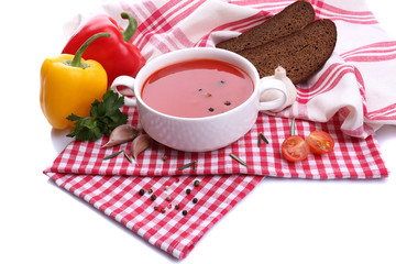 Tasty tomato soup and vegetables, isolated on white