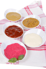 Various sauces on table close-up