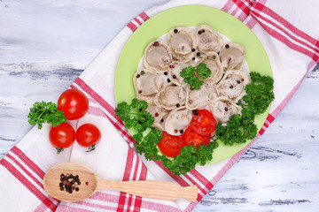 Meat dumplings - russian boiled pelmeni close up