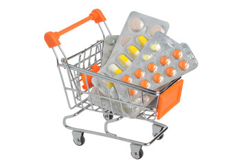 Shopping cart with medical supplies isolated on white