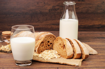 Organic milk and homemade bread on the table