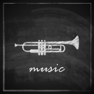 illustration with the trumpet on blackboard background.