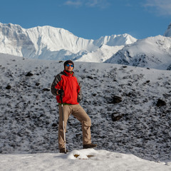 Hiker posing in Himalayas in front of big mountains