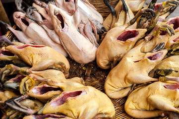 Raw fresh organic duck for sale at asian food market