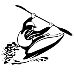black and white illustration of freestile kayaking