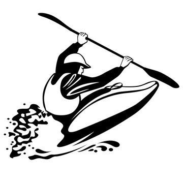 black and white illustration of freestile kayaking