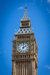 Fototapeta na wymiar Big Ben in Westminster, London, view from below on the sky with