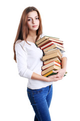 girl hugging a books pile