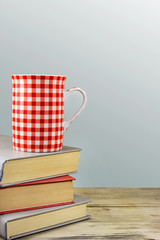 Red cup over books on grey background.
