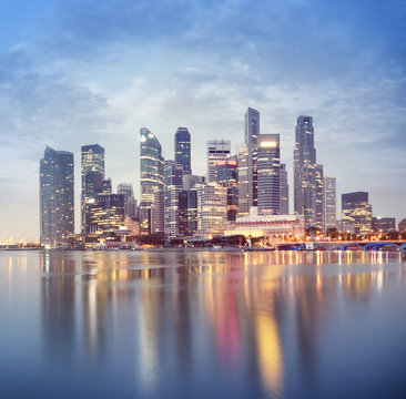 Singapore`s business district at night.