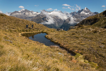 Fototapeta na wymiar tourists hiking on Routeburn Track in Southern Alps