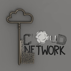 design word CLOUD NETWORK  with metallic cloud and the key as co