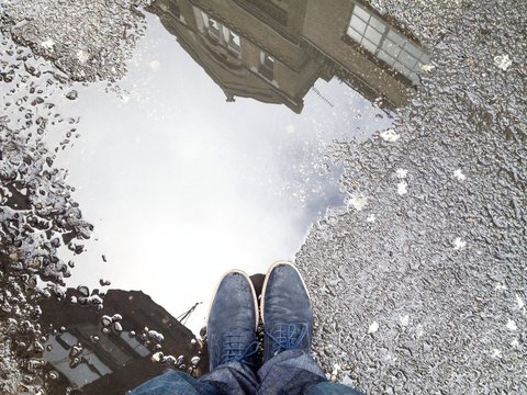 Puddle with pair of shoes. Overhead shot. 