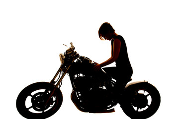 Fototapeta na wymiar Silhouette woman motorcycle hands on tank look down
