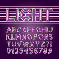 Purple Neon Light Alphabet and Numbers, Eps 10 Vector Editable
