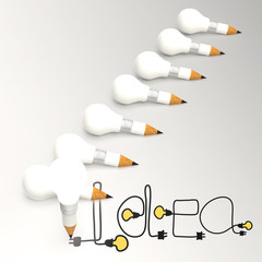pencil lightbulb 3d and design word idea as concept