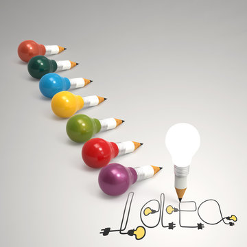 pencil lightbulb 3d and design word idea as concept