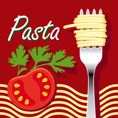 pasta and tomato on red background