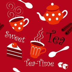 Seamless black tea and cake pattern