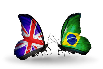 Two butterflies with flags UK and Brazil