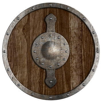 Old viking wooden shield isolated on white