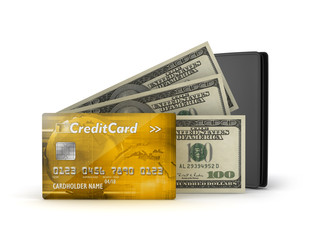 Bank notes, credit card and leather wallet on white background