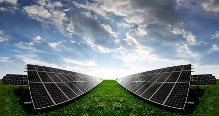 Solar energy panels in the setting sun