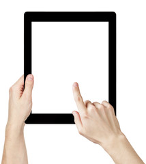 adult man hands using generic tablet pc with white screen