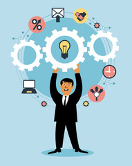 Cartoon man hold up gear and business icons