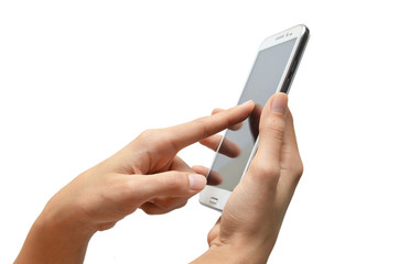 Woman hand using mobile phone touch screen on white background