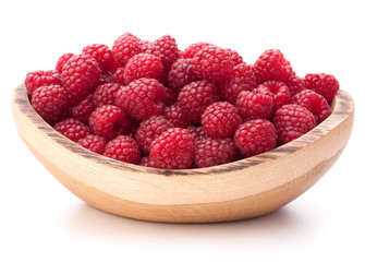 raspberries in wooden bowl