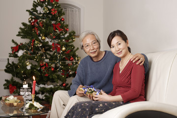 husband and wife sitting on sofa in front of tree