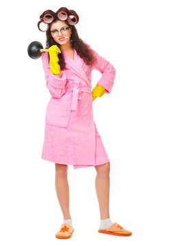 Anger housewife with cigarette and plunger