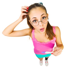 Funny schoolgirl in nerd glasses with positive pregnacy test