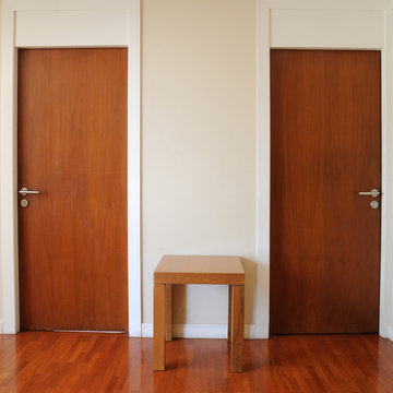 Classic design, double wooden doors with small table