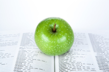 large book with green apple