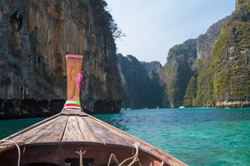 Longtail boat in the famous Maya bay of Phi-phi Leh island