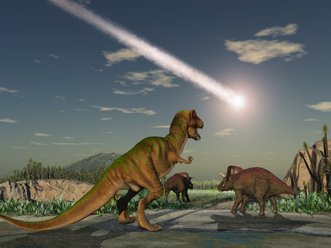 Dinosaurios mirando la caída de un asteroide