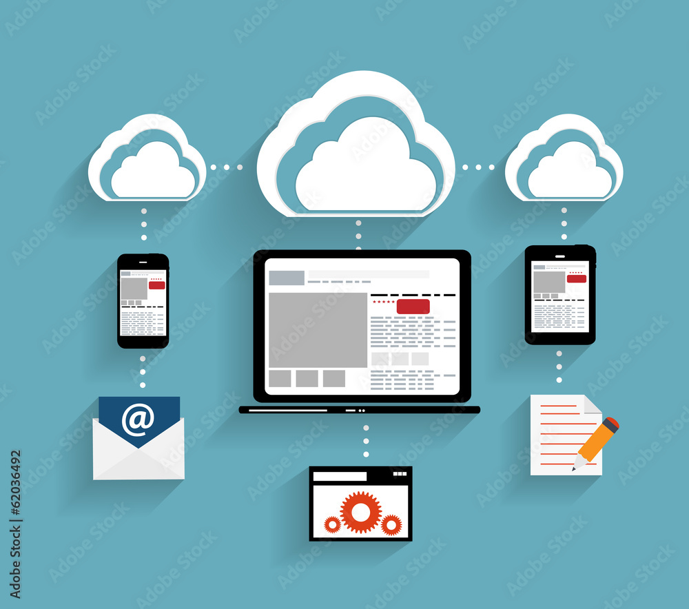 Poster cloud computing concept on different electronic devices. vector