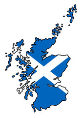 Outline of Scotland filled in with Scottish flag