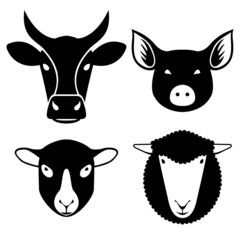 heads of farm animals cow, pig, lamb, sheep