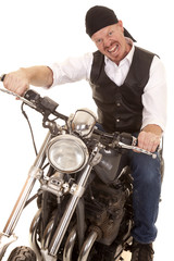 Fototapeta na wymiar Man bandana motorcycle sit crazy face
