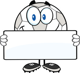 Happy Soccer Ball Cartoon Character Holding A Banner
